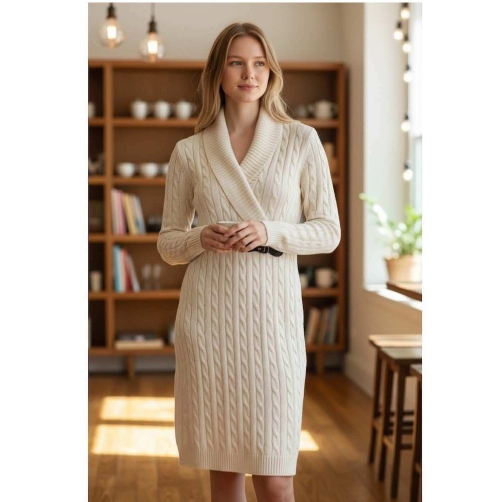 Calvin Klein Large Sweater Dress Ivory Cable Knit Shawl Collar Buckle Detail